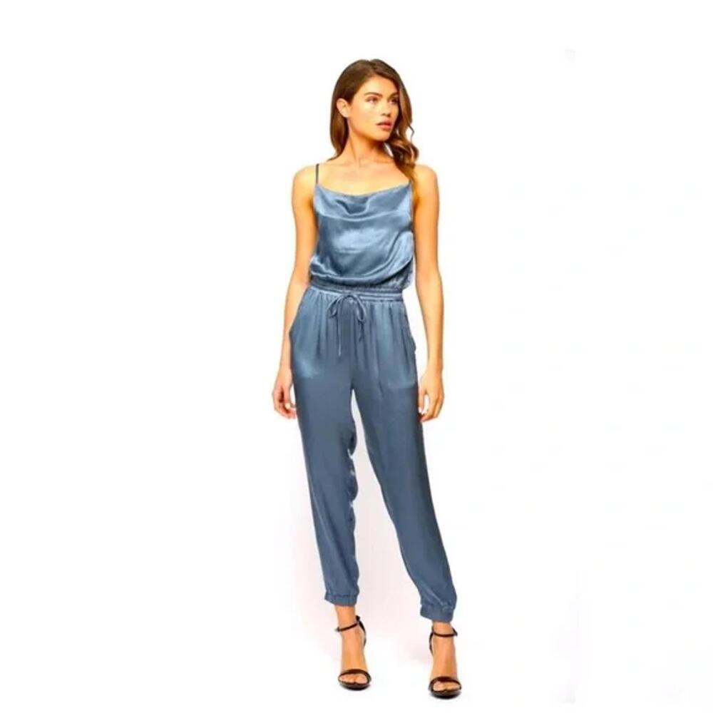 Fate Blue Satin Draped Neck Jogger Jumpsuit Elastic Waist Drawstring Size Large
